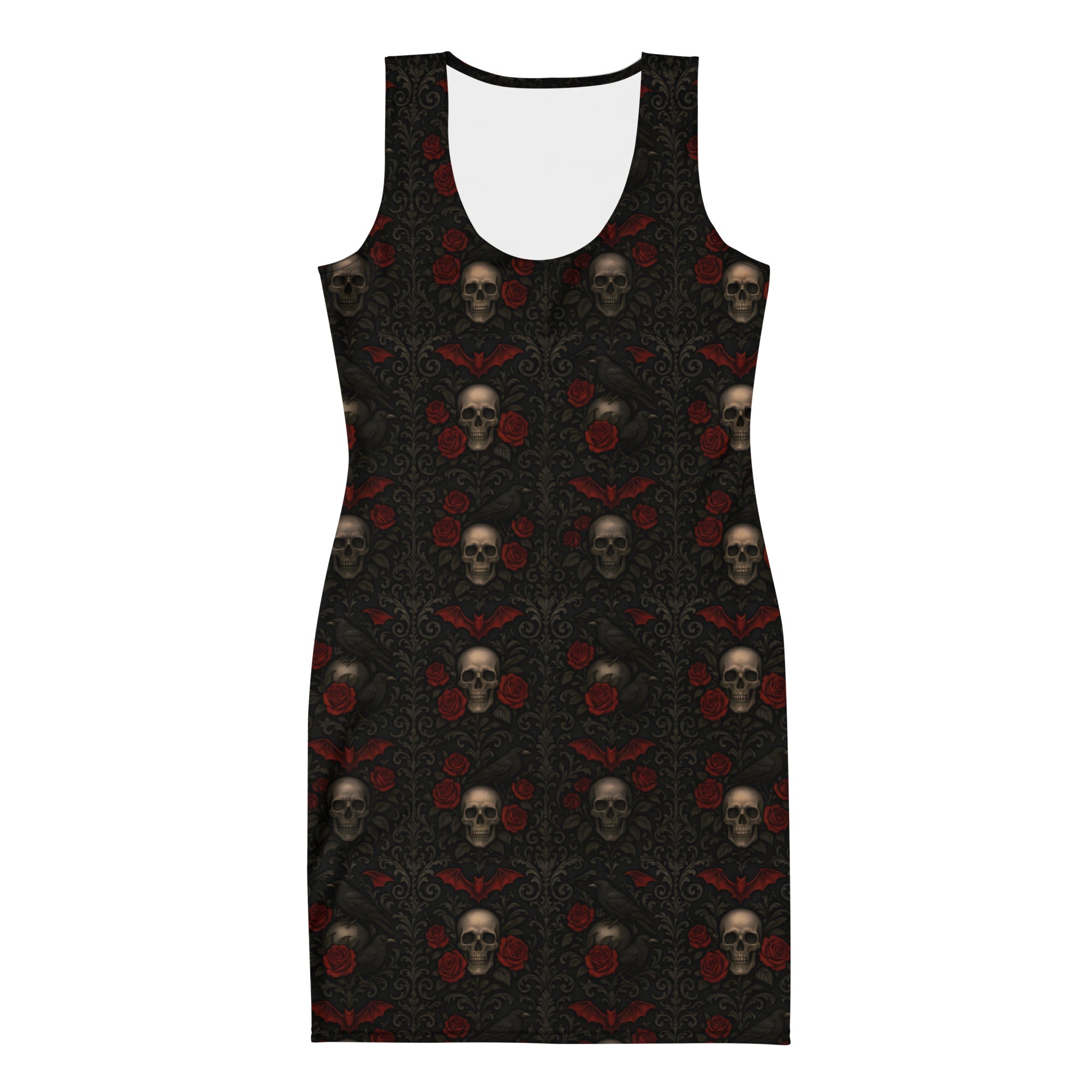 Crimson Mourning bodycon dress featuring an all-over Victorian funeral flower pattern from the Funeral Garden collection.
