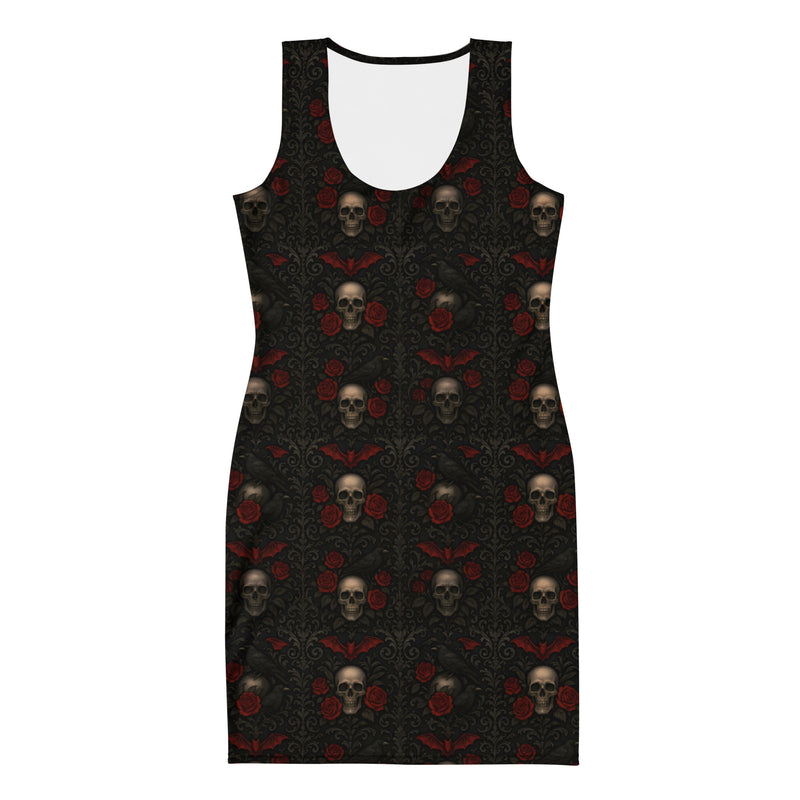 Crimson Mourning bodycon dress featuring an all-over Victorian funeral flower pattern from the Funeral Garden collection.