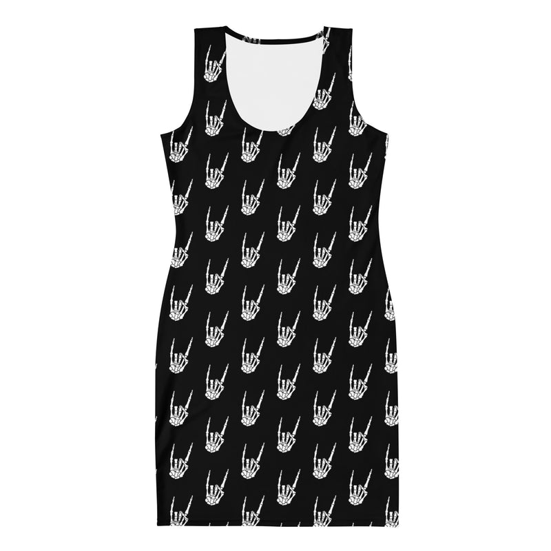 Raise the Devil bodycon dress featuring an all-over skeleton hand and devil horns pattern from the Memento Mori collection.