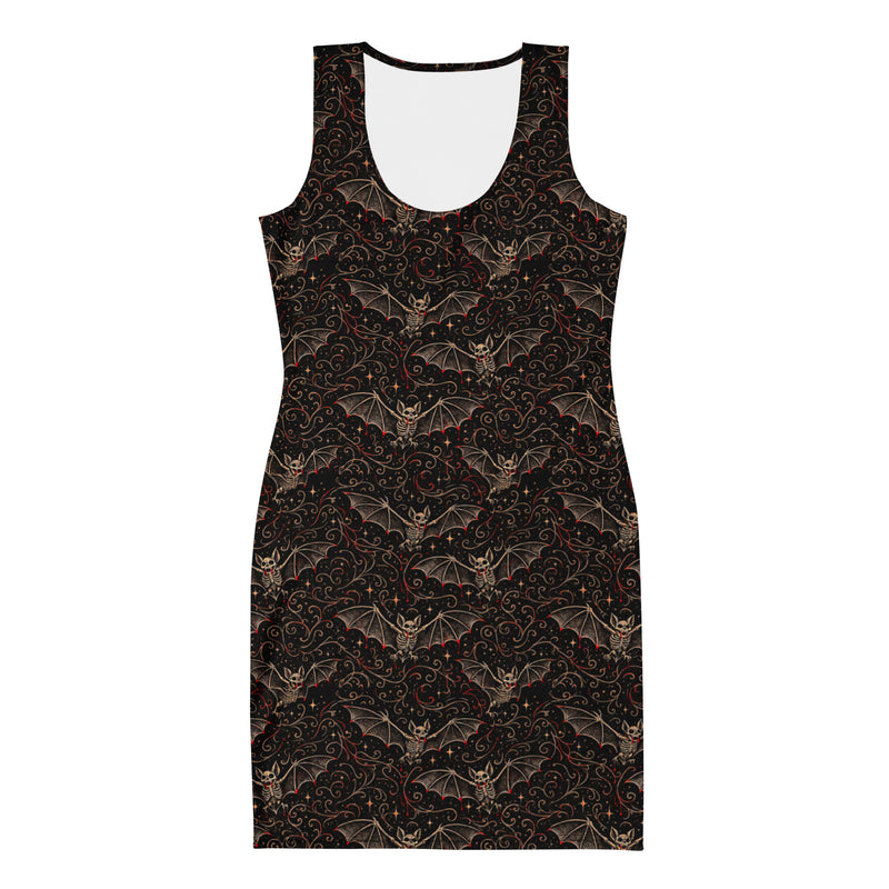 Nocturnal Requiem bodycon dress featuring an all-over vampire bat pattern from the Children of the Night collection.