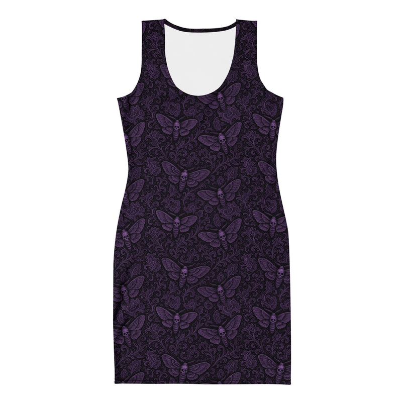 Purple Soul’s Messenger bodycon dress featuring an all-over death moth pattern from the Children of the Night and Memento Mori collections.