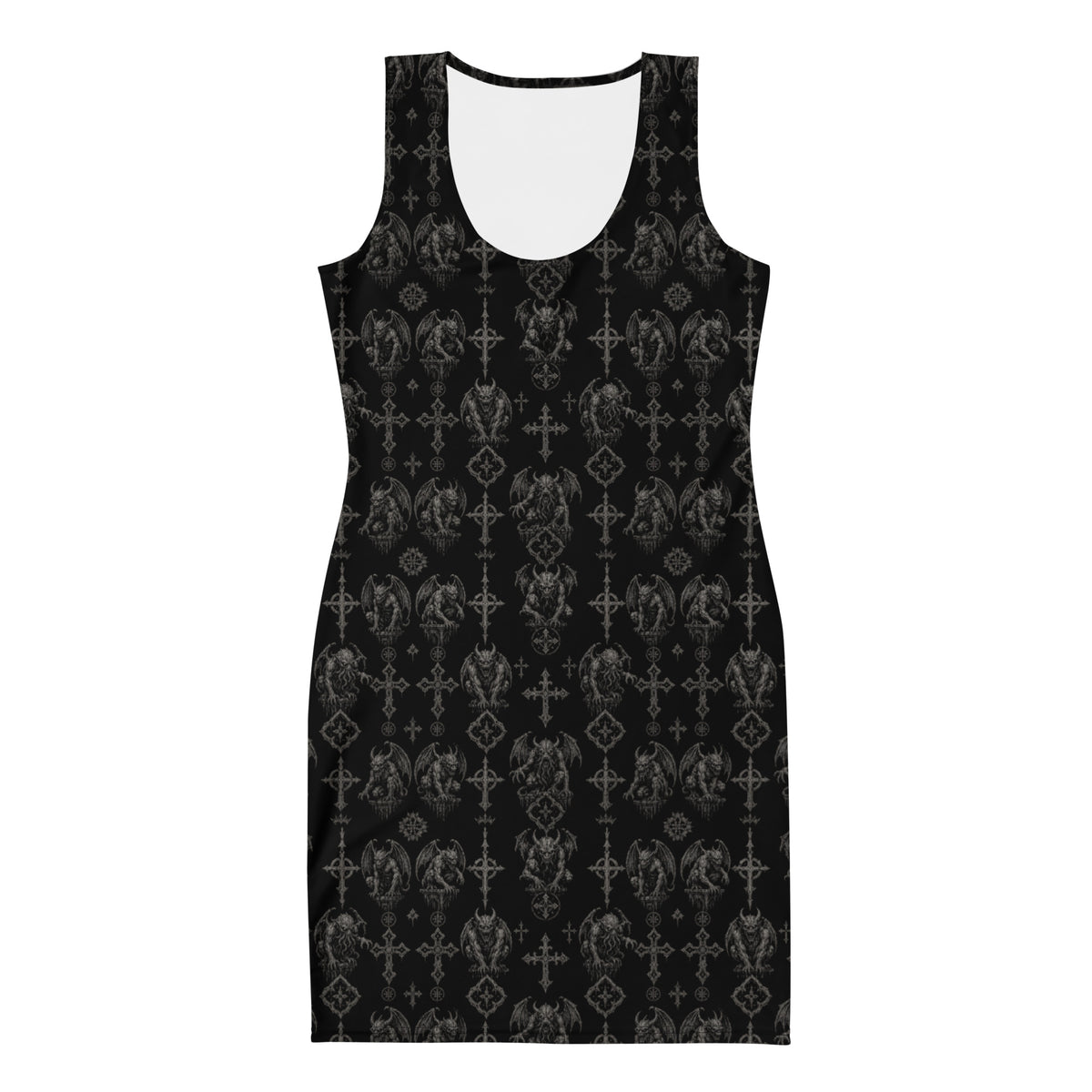 Wardens of Stone bodycon dress featuring an all-over gothic gargoyle pattern from the Demonology and Children of the Night collections.