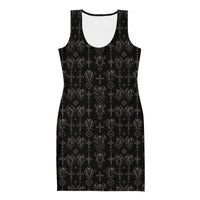 Wardens of Stone bodycon dress featuring an all-over gothic gargoyle pattern from the Demonology and Children of the Night collections.
