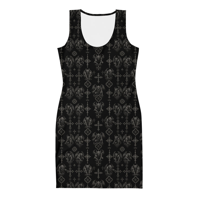 Wardens of Stone bodycon dress featuring an all-over gothic gargoyle pattern from the Demonology and Children of the Night collections.