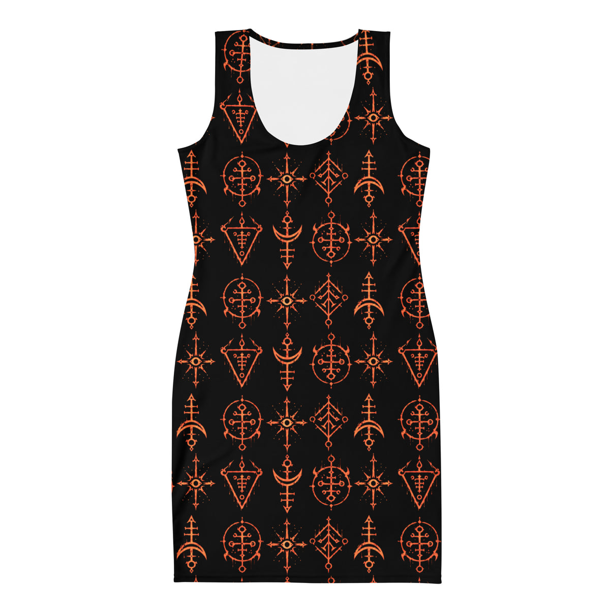 Infernal Invocation bodycon dress featuring an all-over occult ritual pattern from the Demonology collection.