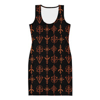 Infernal Invocation bodycon dress featuring an all-over occult ritual pattern from the Demonology collection.