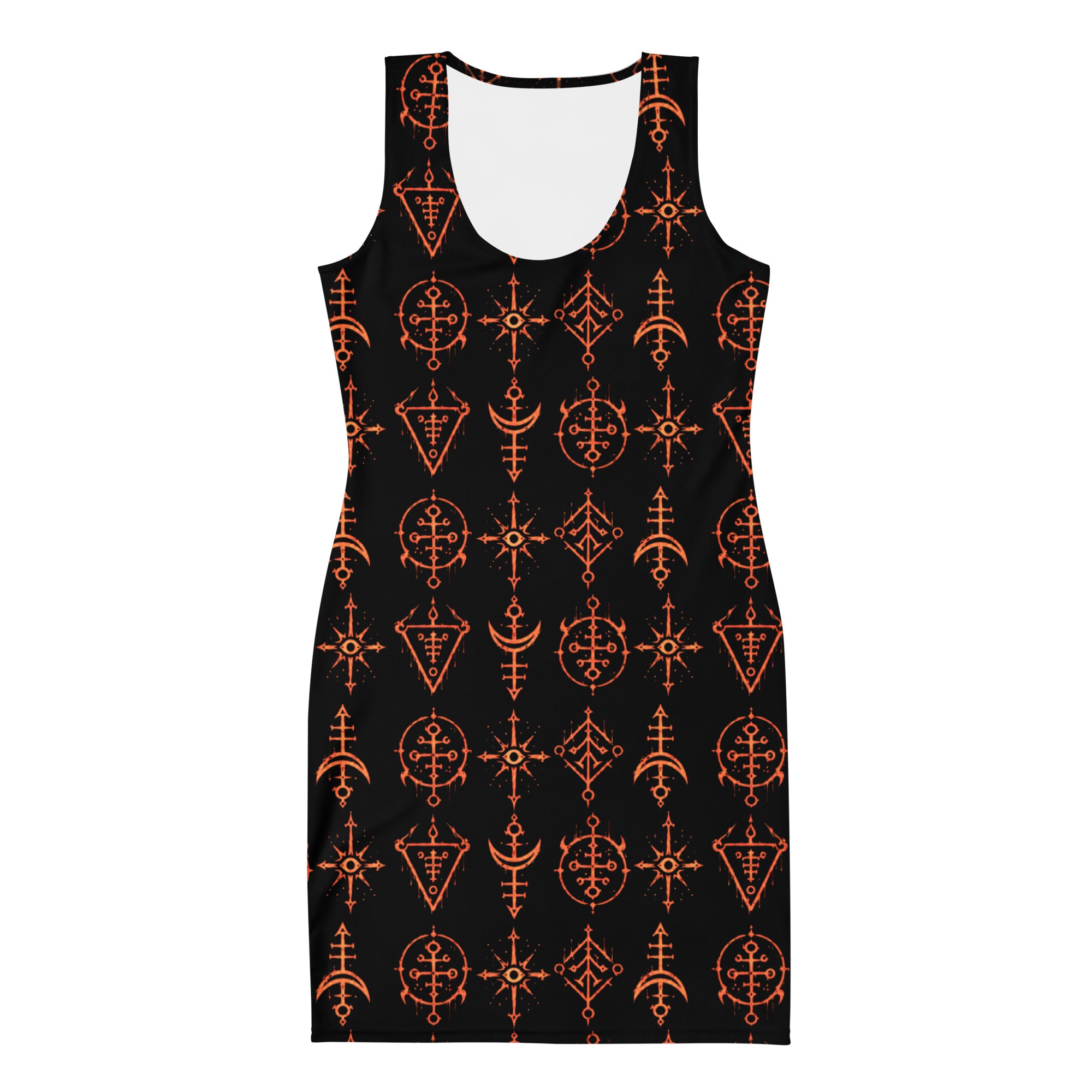 Infernal Invocation bodycon dress featuring an all-over occult ritual pattern from the Demonology collection.