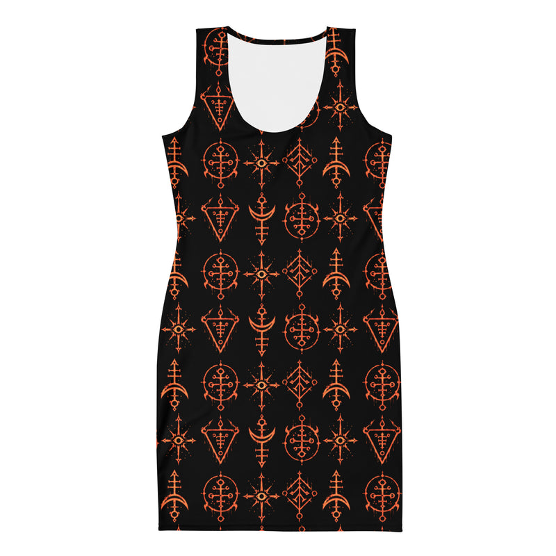 Infernal Invocation bodycon dress featuring an all-over occult ritual pattern from the Demonology collection.