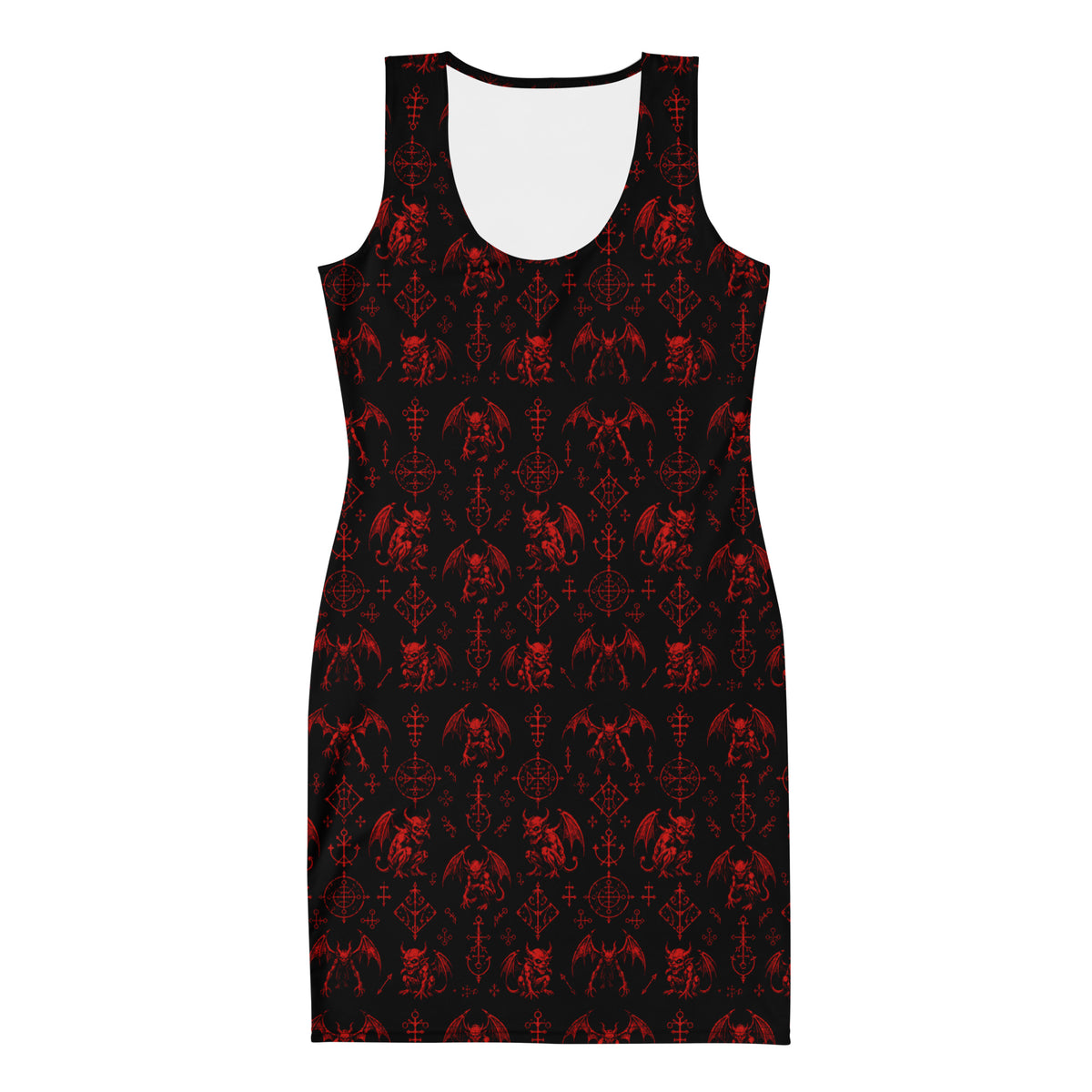Red Fifth Circle bodycon dress featuring an all-over demon bat pattern inspired by the infernal circle of wrath.