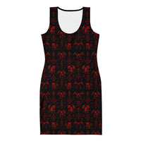 Red Fifth Circle bodycon dress featuring an all-over demon bat pattern inspired by the infernal circle of wrath.