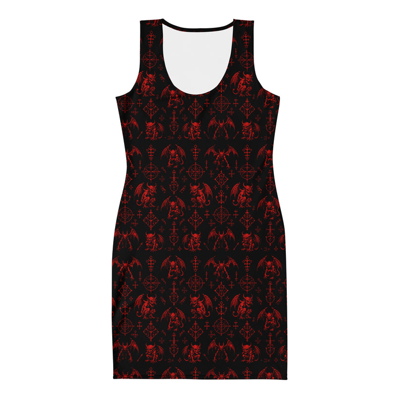 Red Fifth Circle bodycon dress featuring an all-over demon bat pattern inspired by the infernal circle of wrath.