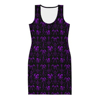 Purple Fifth Circle bodycon dress featuring an all-over demon bat pattern inspired by the infernal circle of wrath.
