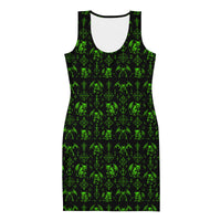 Green Fifth Circle bodycon dress featuring an all-over demon bat pattern inspired by the infernal circle of wrath.
