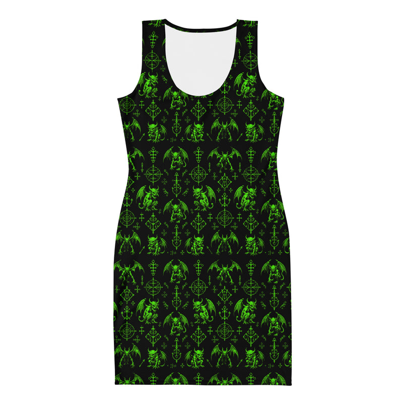 Green Fifth Circle bodycon dress featuring an all-over demon bat pattern inspired by the infernal circle of wrath.