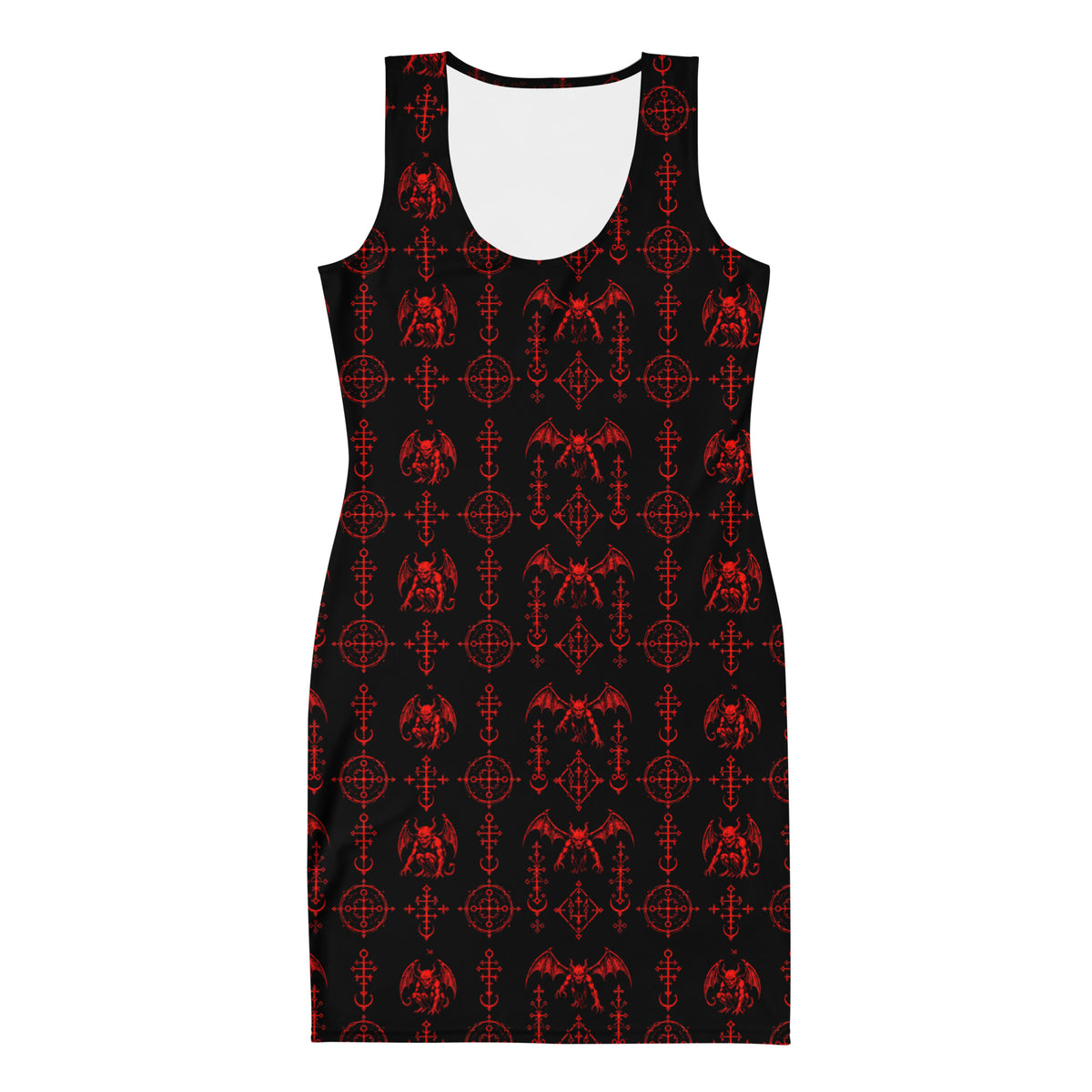 Red Sixth Circle bodycon dress featuring an all-over hellspawn guardian pattern inspired by the burning tombs of Hell.