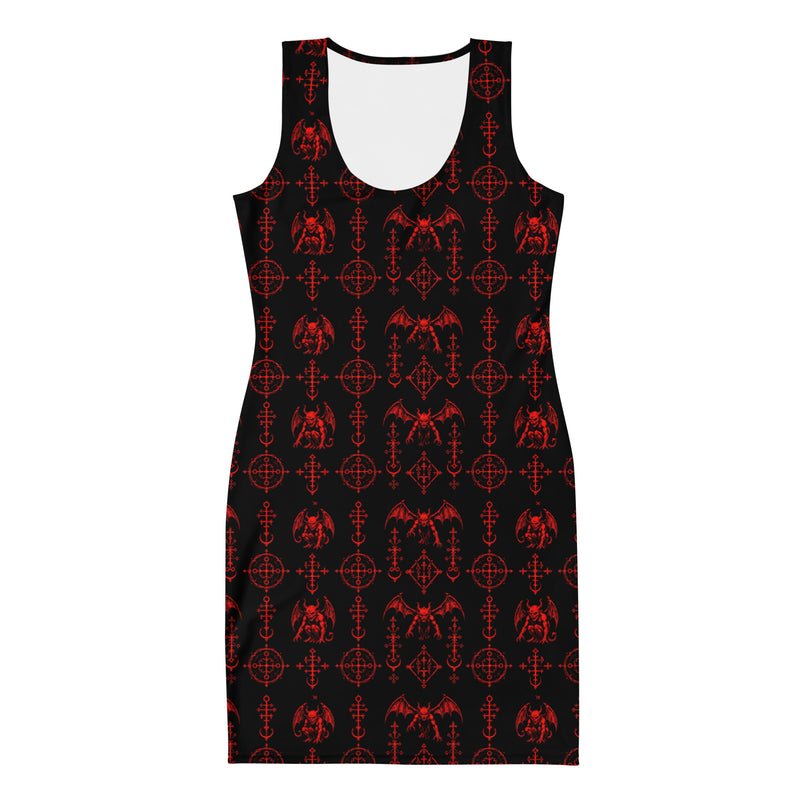 Red Sixth Circle bodycon dress featuring an all-over hellspawn guardian pattern inspired by the burning tombs of Hell.