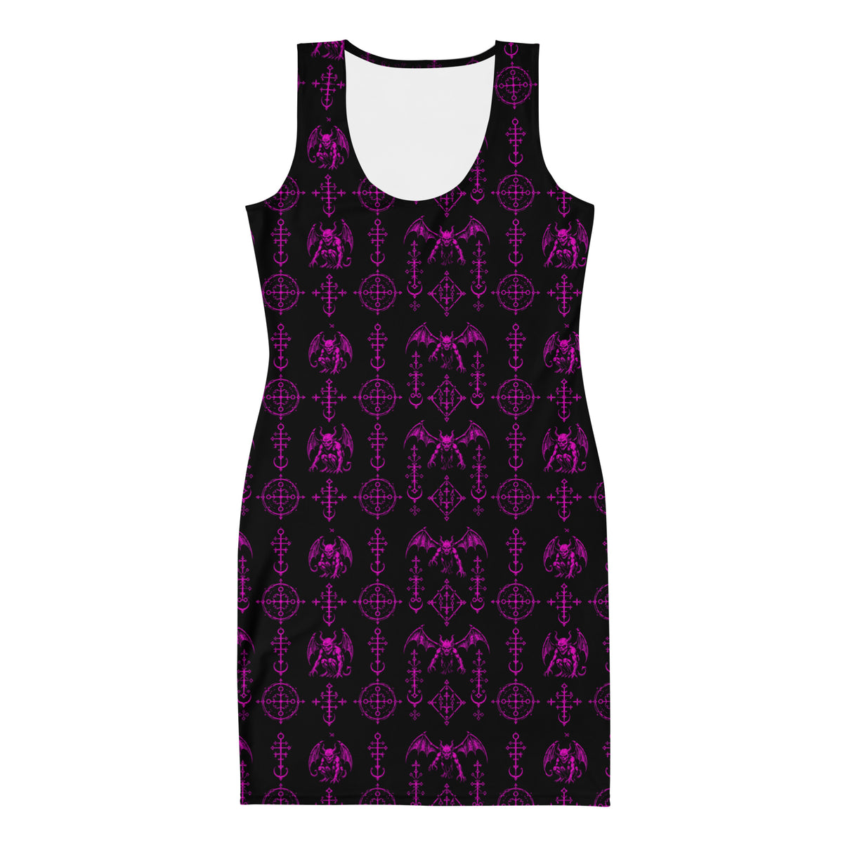 Pink Sixth Circle bodycon dress featuring an all-over hellspawn guardian pattern inspired by the burning tombs of Hell.