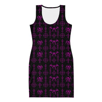 Pink Sixth Circle bodycon dress featuring an all-over hellspawn guardian pattern inspired by the burning tombs of Hell.