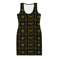 Yellow Sixth Circle bodycon dress featuring an all-over hellspawn guardian pattern inspired by the burning tombs of Hell.