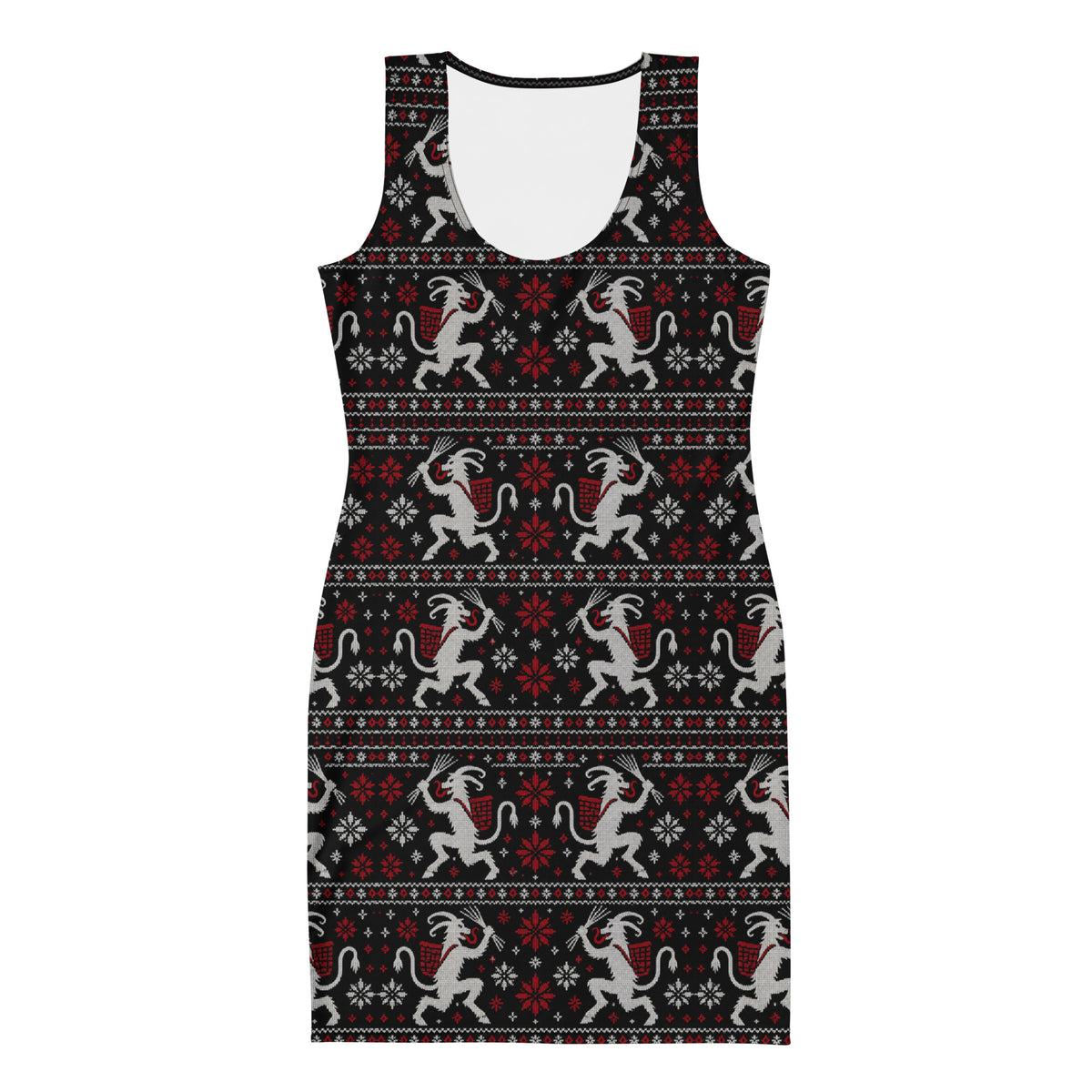Krampusnacht horror Christmas bodycon dress featuring white Krampus figures, red snowflakes and a black faux-knit ugly sweater-inspired pattern.