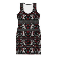 Krampusnacht horror Christmas bodycon dress featuring white Krampus figures, red snowflakes and a black faux-knit ugly sweater-inspired pattern.