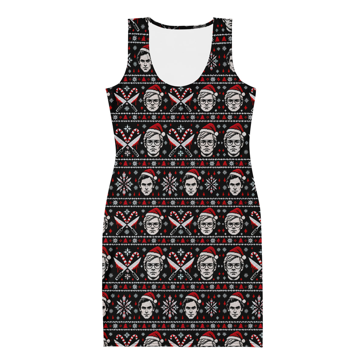 Slay Bells serial killer horror Christmas bodycon dress featuring sinister portrait motifs, crossed knives, candy canes, snowflakes and red faux-knit holiday details.