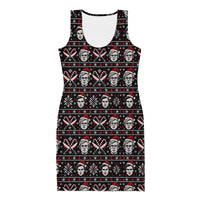Slay Bells serial killer horror Christmas bodycon dress featuring sinister portrait motifs, crossed knives, candy canes, snowflakes and red faux-knit holiday details.