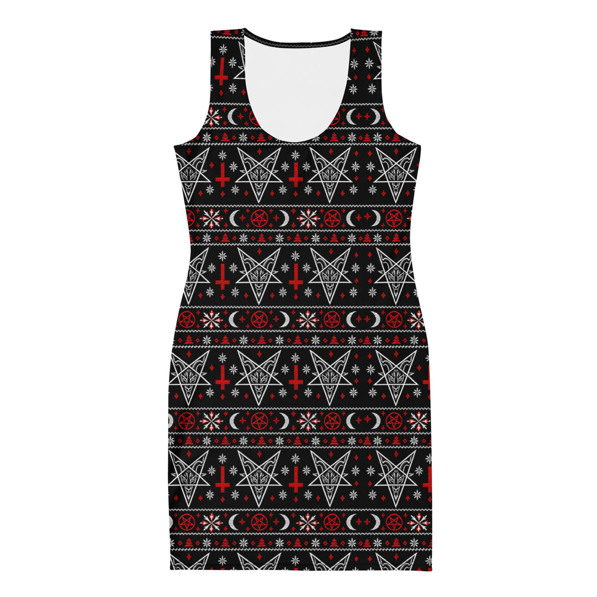 Hail Santa satanic Christmas bodycon dress featuring Baphomet, inverted crosses, pentagrams, crescent moons and red and white faux-knit holiday motifs.