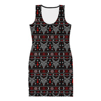 Hail Santa satanic Christmas bodycon dress featuring Baphomet, inverted crosses, pentagrams, crescent moons and red and white faux-knit holiday motifs.