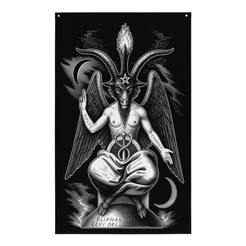 Baphomet vertical wall flag featuring Éliphas Lévi’s Sabbatic Goat with Solve et Coagula and occult symbolism.