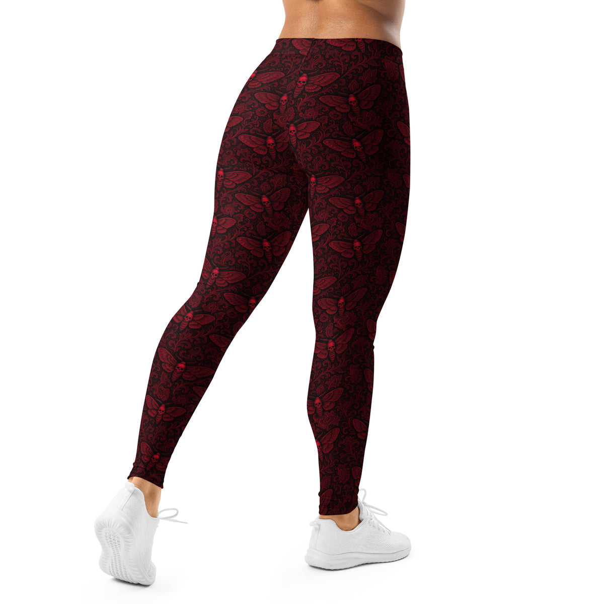 Soul’s Messenger Red leggings featuring an all-over death moth horror pattern from the Memento Mori collection.