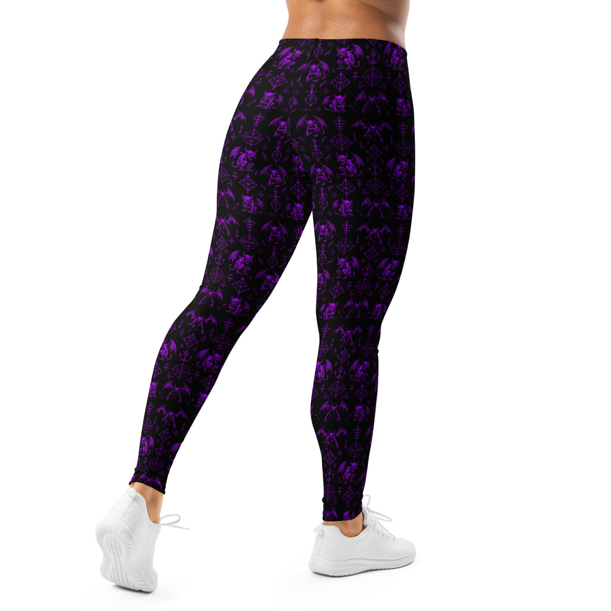 The Fifth Circle Purple leggings featuring an all-over demon horror pattern from the Demonology collection.