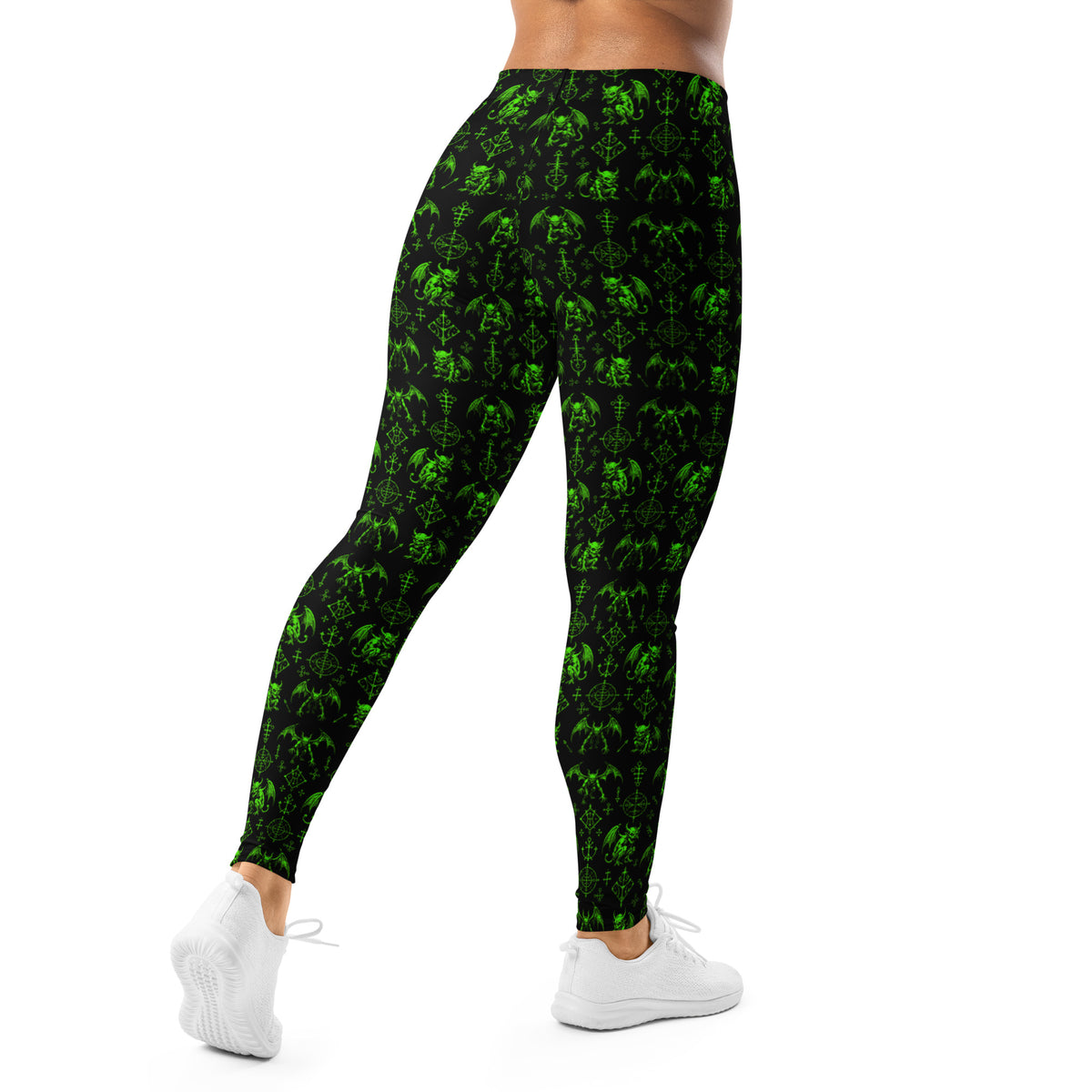 The Fifth Circle Green leggings featuring an all-over demon horror pattern from the Demonology collection.