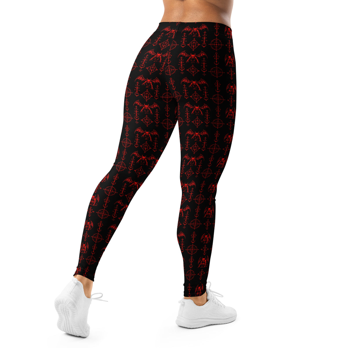 The Sixth Circle Red leggings featuring an all-over demon and hellfire horror pattern from the Demonology collection.