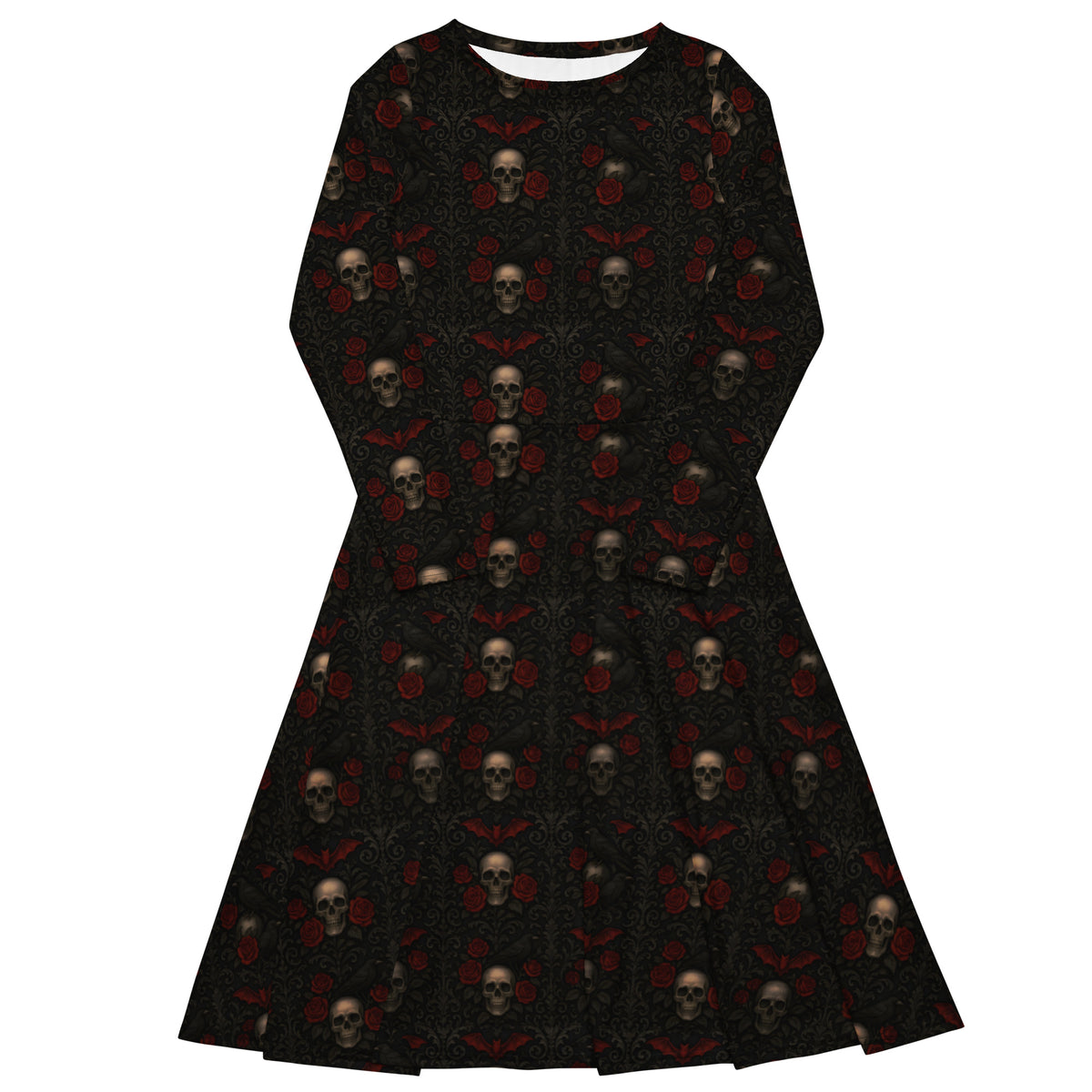 Crimson Mourning long sleeve midi dress featuring an all-over Victorian funeral flower pattern from the Funeral Garden collection.