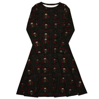 Crimson Mourning long sleeve midi dress featuring an all-over Victorian funeral flower pattern from the Funeral Garden collection.