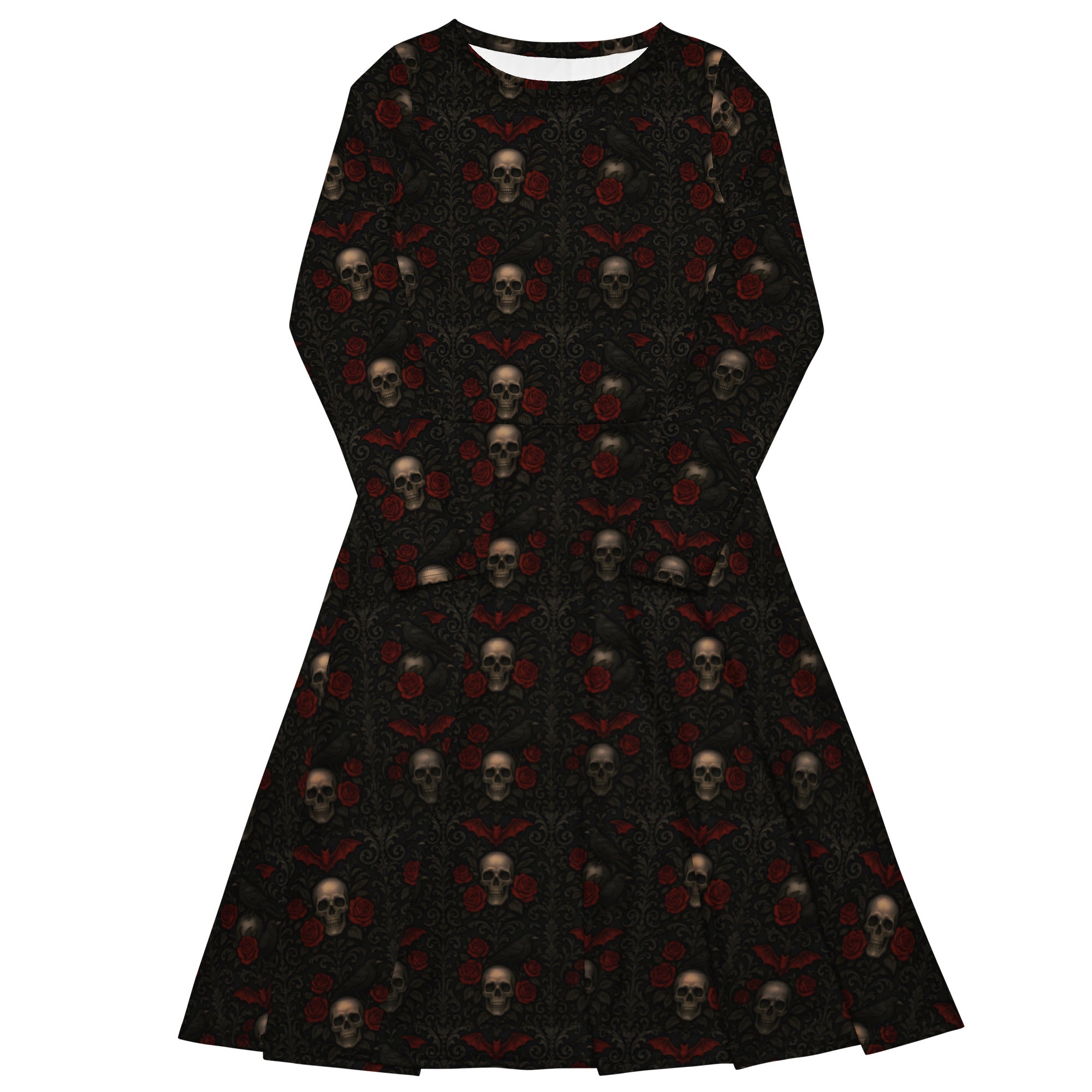 Crimson Mourning long sleeve midi dress featuring an all-over Victorian funeral flower pattern from the Funeral Garden collection.
