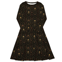 Midway of Death long sleeve midi dress featuring an all-over haunted carnival pattern from The Last Carnivale collection.