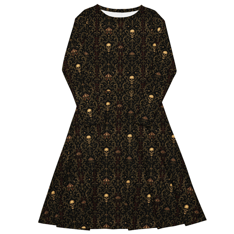 Midway of Death long sleeve midi dress featuring an all-over haunted carnival pattern from The Last Carnivale collection.