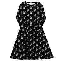 Raise the Devil long sleeve midi dress featuring an all-over skeleton hand and devil horns pattern from the Memento Mori collection.