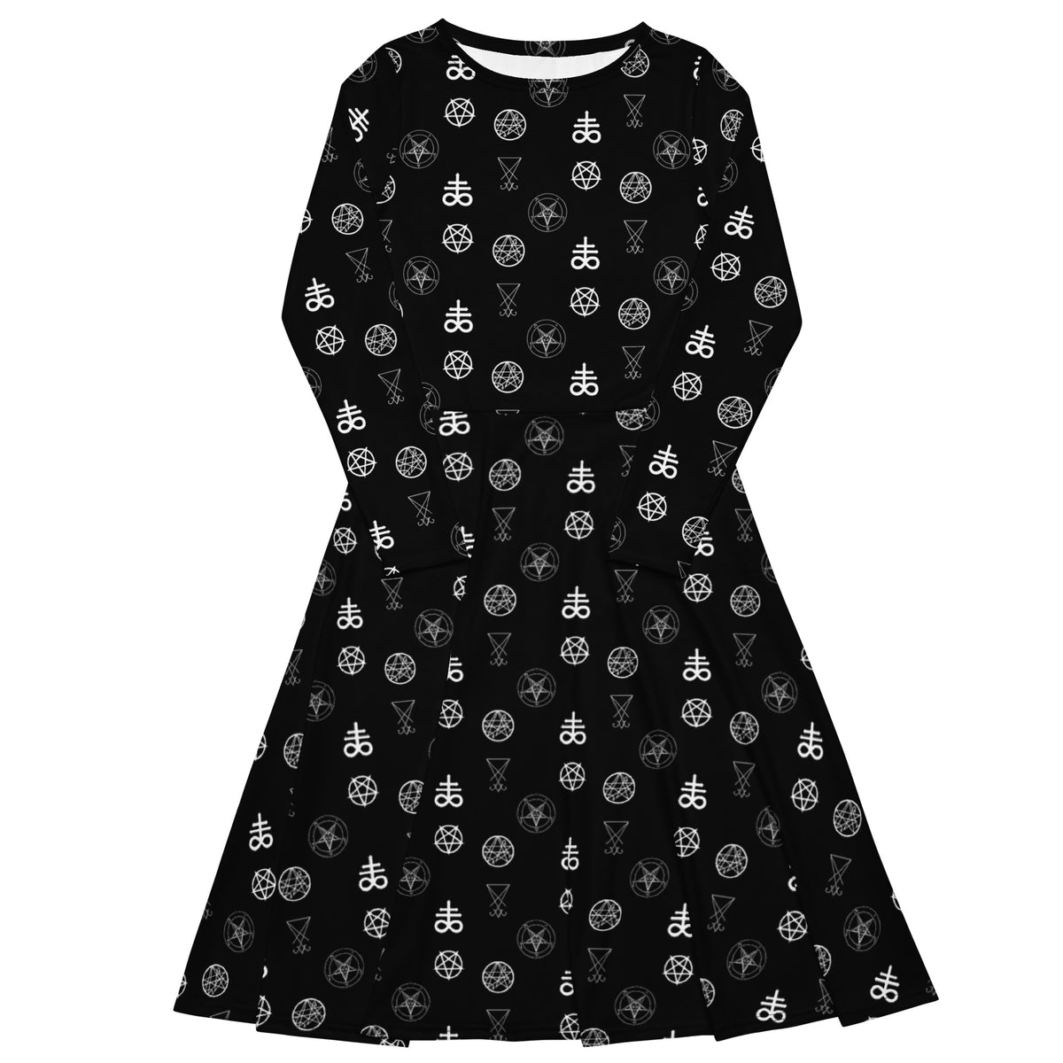 Infernal Sigils long sleeve midi dress featuring an all-over occult symbol pattern from the Demonology collection.