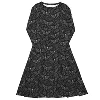 White Soul’s Messenger long sleeve midi dress featuring an all-over death moth pattern from the Children of the Night and Memento Mori collections.