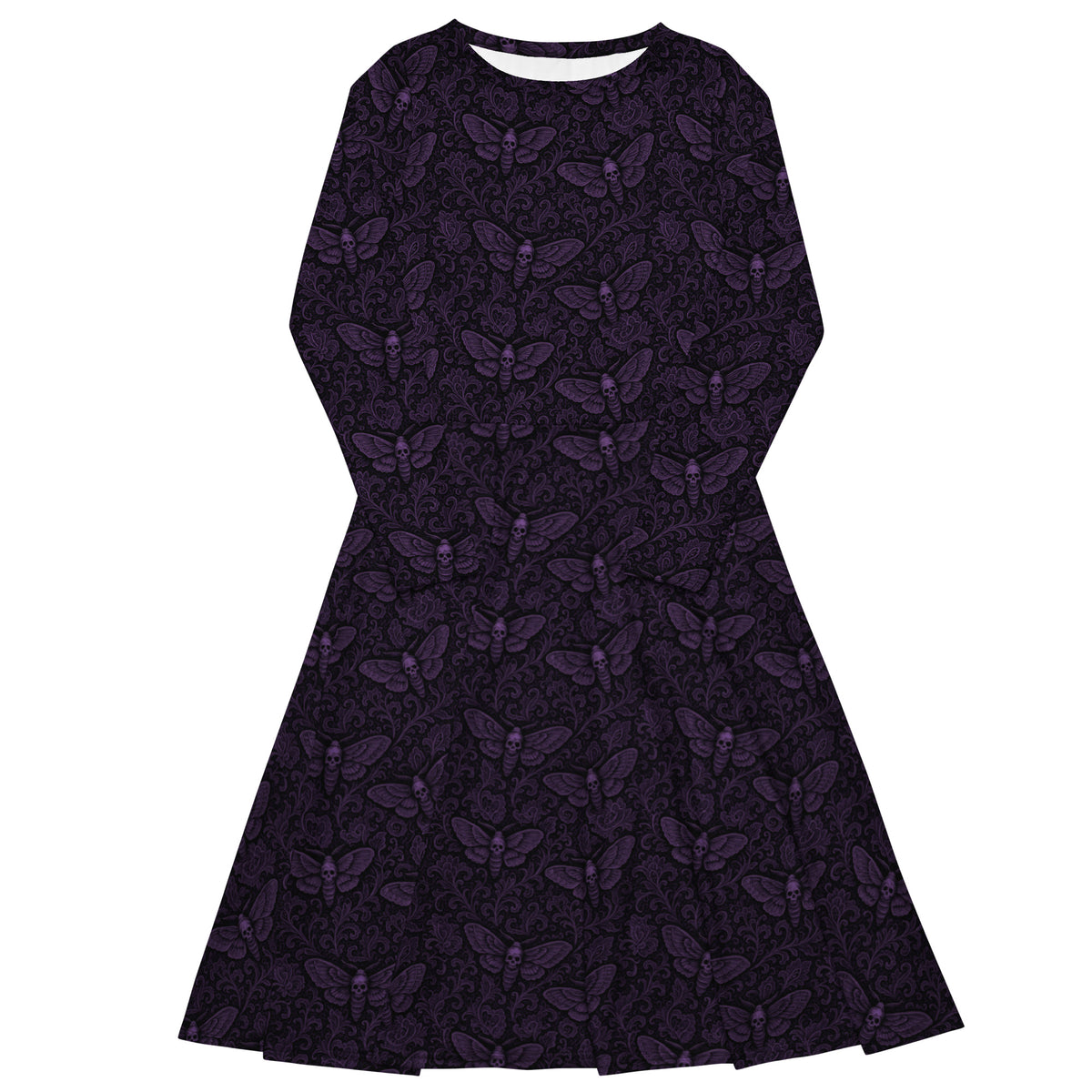 Purple Soul’s Messenger long sleeve midi dress featuring an all-over death moth pattern from the Children of the Night and Memento Mori collections.