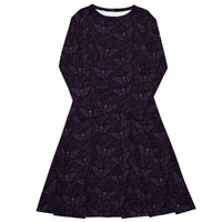 Purple Soul’s Messenger long sleeve midi dress featuring an all-over death moth pattern from the Children of the Night and Memento Mori collections.