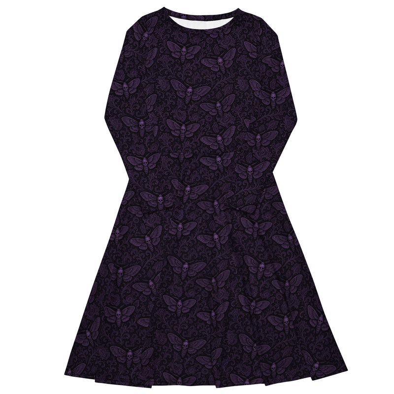 Purple Soul’s Messenger long sleeve midi dress featuring an all-over death moth pattern from the Children of the Night and Memento Mori collections.