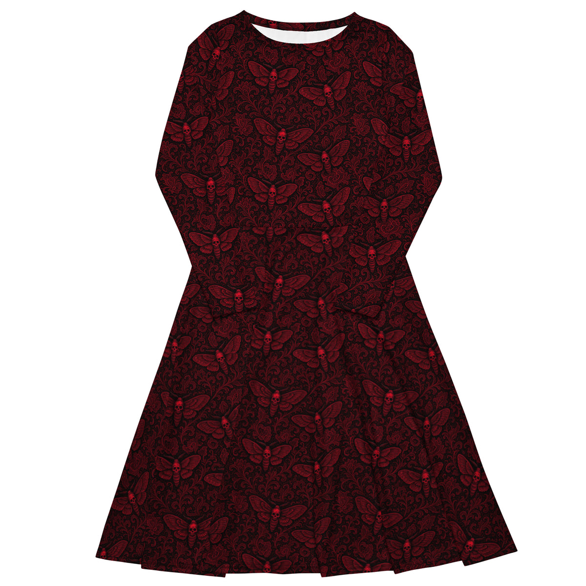 Red Soul’s Messenger long sleeve midi dress featuring an all-over death moth pattern from the Children of the Night and Memento Mori collections.