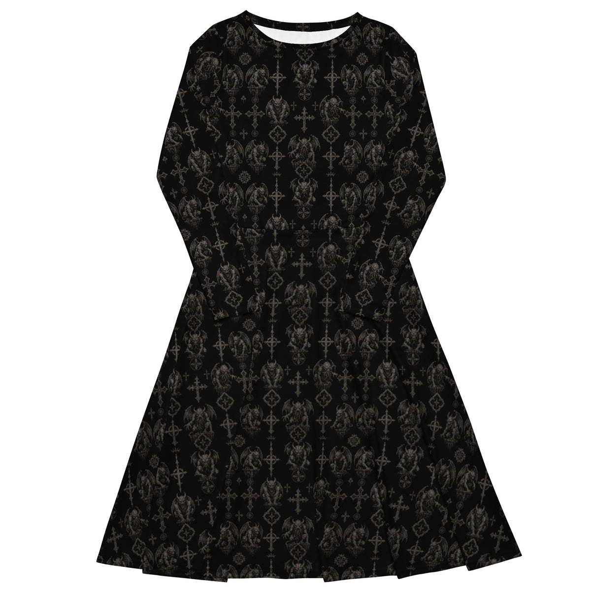 Wardens of Stone long sleeve midi dress featuring an all-over gothic gargoyle pattern from the Demonology and Children of the Night collections.