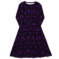 Purple Fifth Circle long sleeve midi dress featuring an all-over demon bat pattern inspired by the infernal circle of wrath.