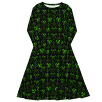 Green Fifth Circle long sleeve midi dress featuring an all-over demon bat pattern inspired by the infernal circle of wrath.