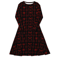 Red Sixth Circle long sleeve midi dress featuring an all-over hellspawn guardian pattern inspired by the burning tombs of Hell.
